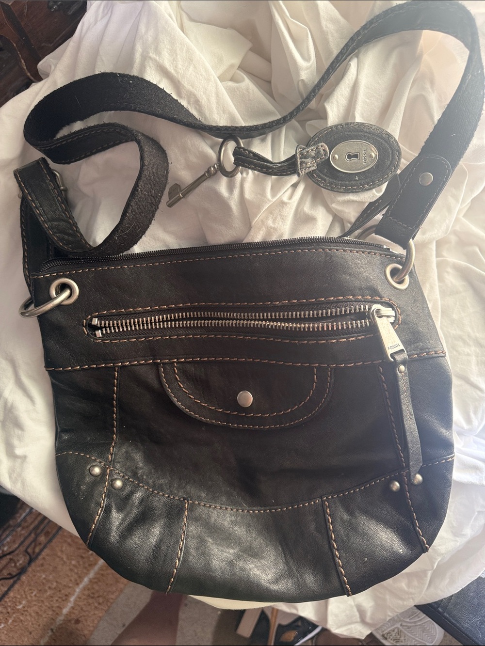 Fossil Black Liberty Leather Crossbody Bag with Silver Hardware